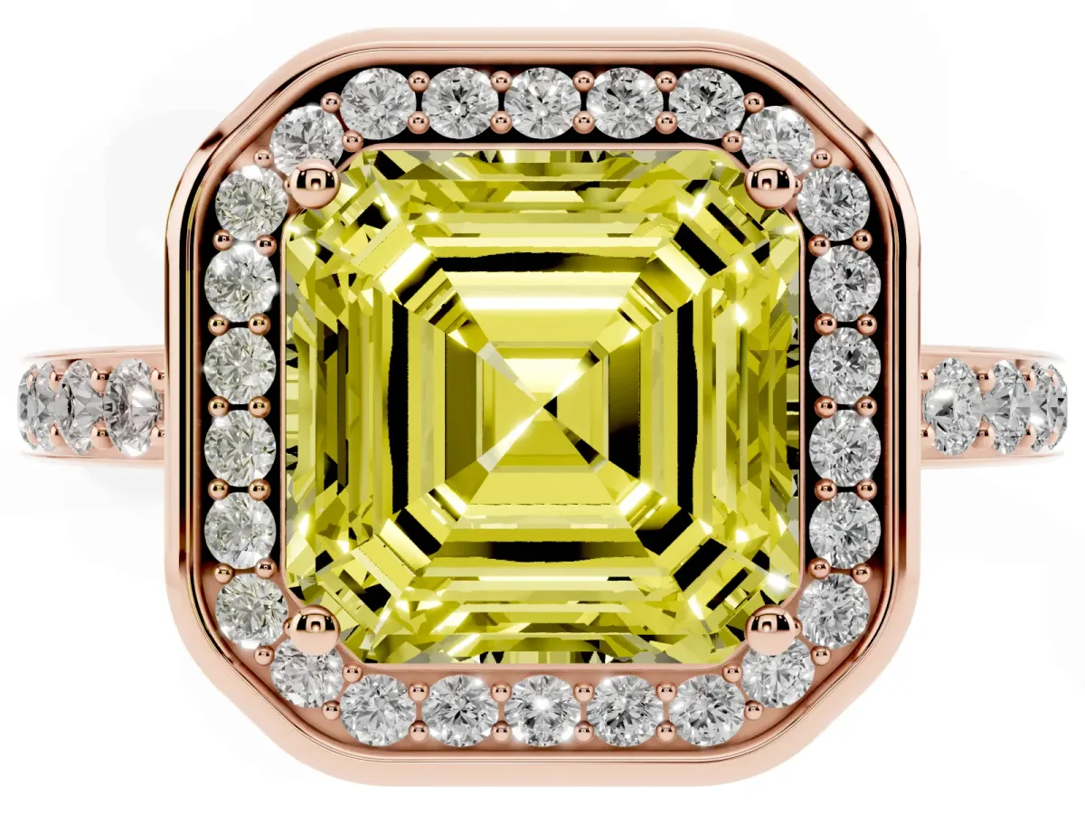 Fancy Yellow Asscher Cut Diamond Halo Ring with Bezel Frame and Pavé Band Rose gold