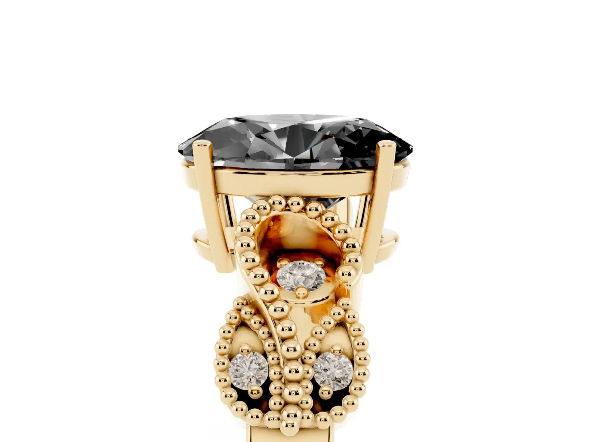 Fancy Black Oval Cut Solitaire Milgrain Leaf Band with Prong Setting Yellow gold