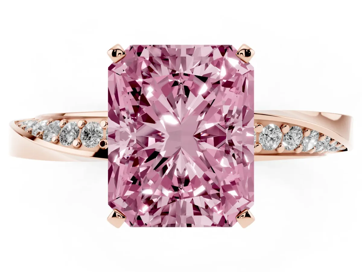 Fancy Pink Radiant Cut Diamond Engagement Ring with Side Stone Accents and Four-Prong Setting Rose gold