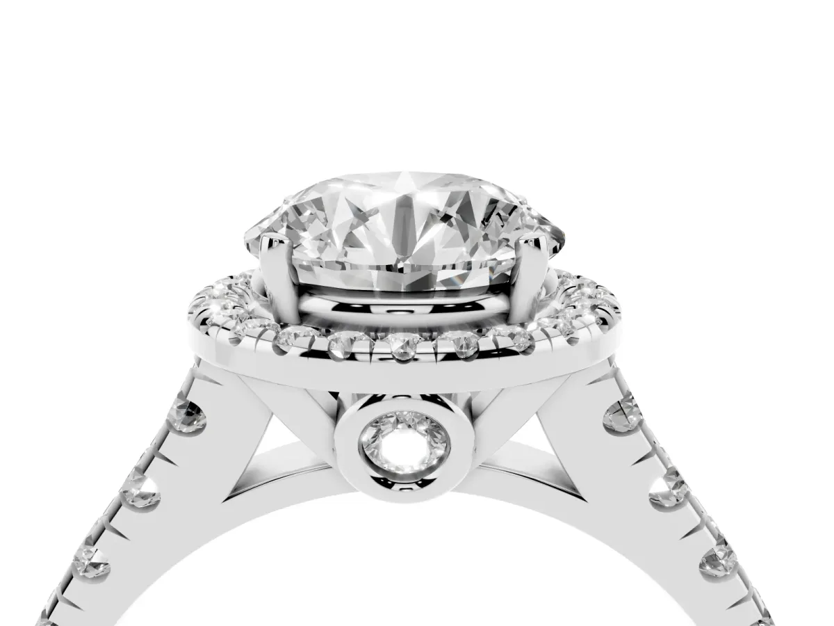 Round Cut Halo Pavé Diamond Engagement Ring with Four-Prong Setting Silver