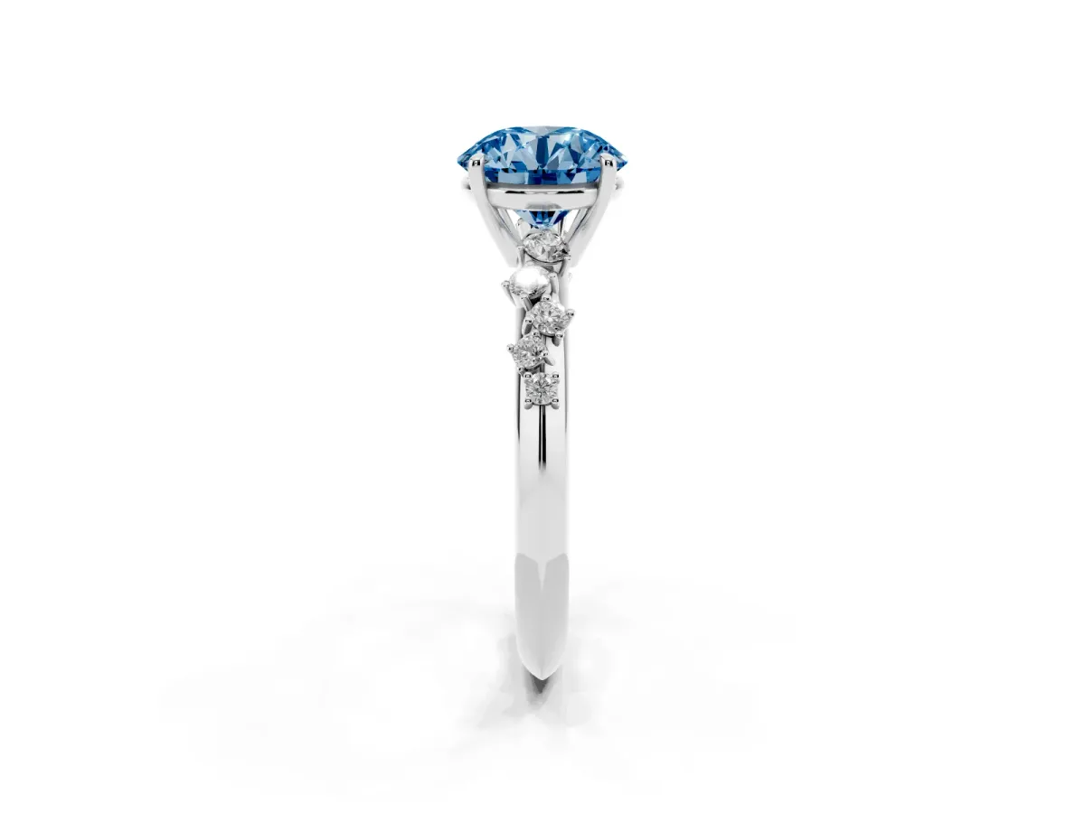 Fancy Blue Round Cut Diamond Cluster Side Stone Solitaire Ring with Prong Setting Silver