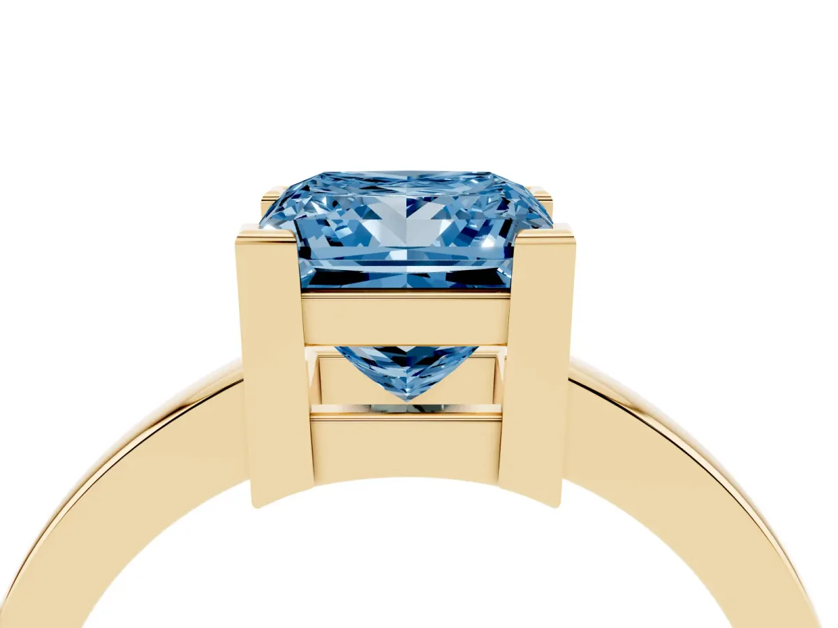 Fancy Blue Princess Cut Cut Solitaire Ring with Four-Prong Setting and Classic Band Yellow gold