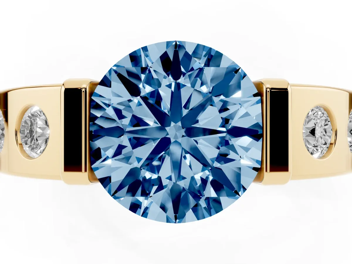 Fancy Blue Round Cut Brilliant Channel-Set Diamond Ring with Bezel Prong Setting Yellow gold
