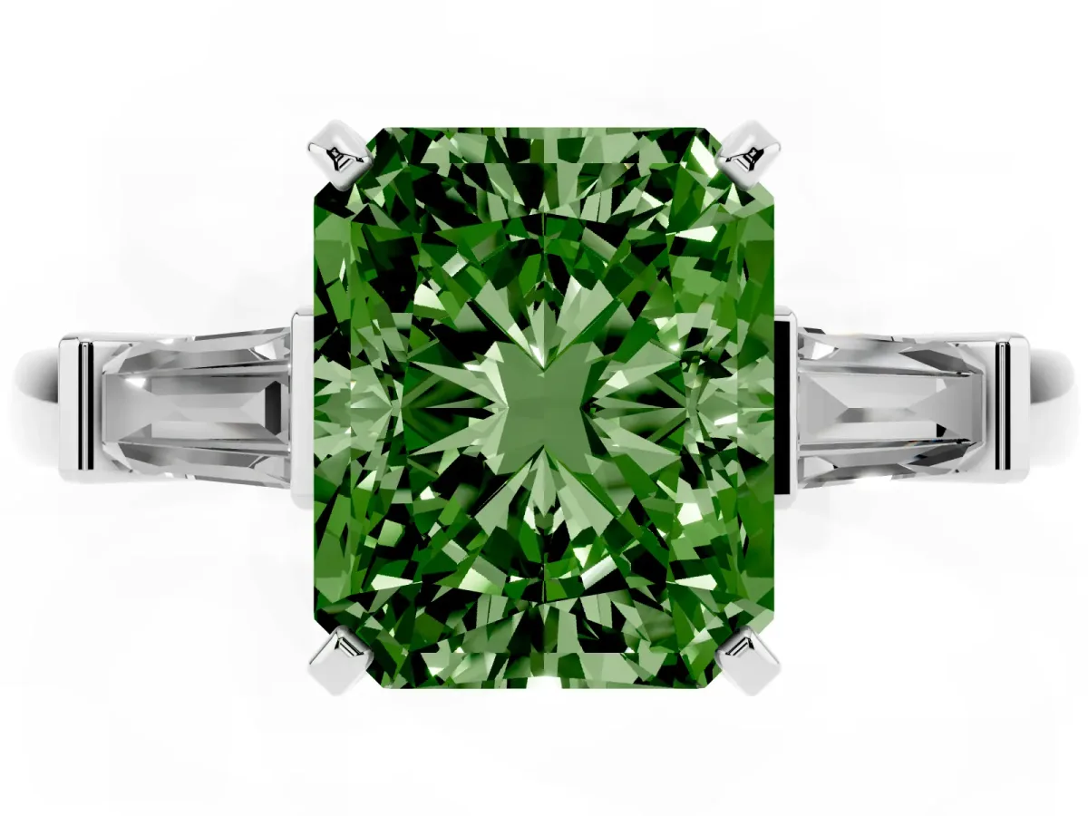 Fancy Green Radiant Cut Cut Diamond Solitaire Ring with Tapered Baguette Accents and Four-Prong Setting White gold