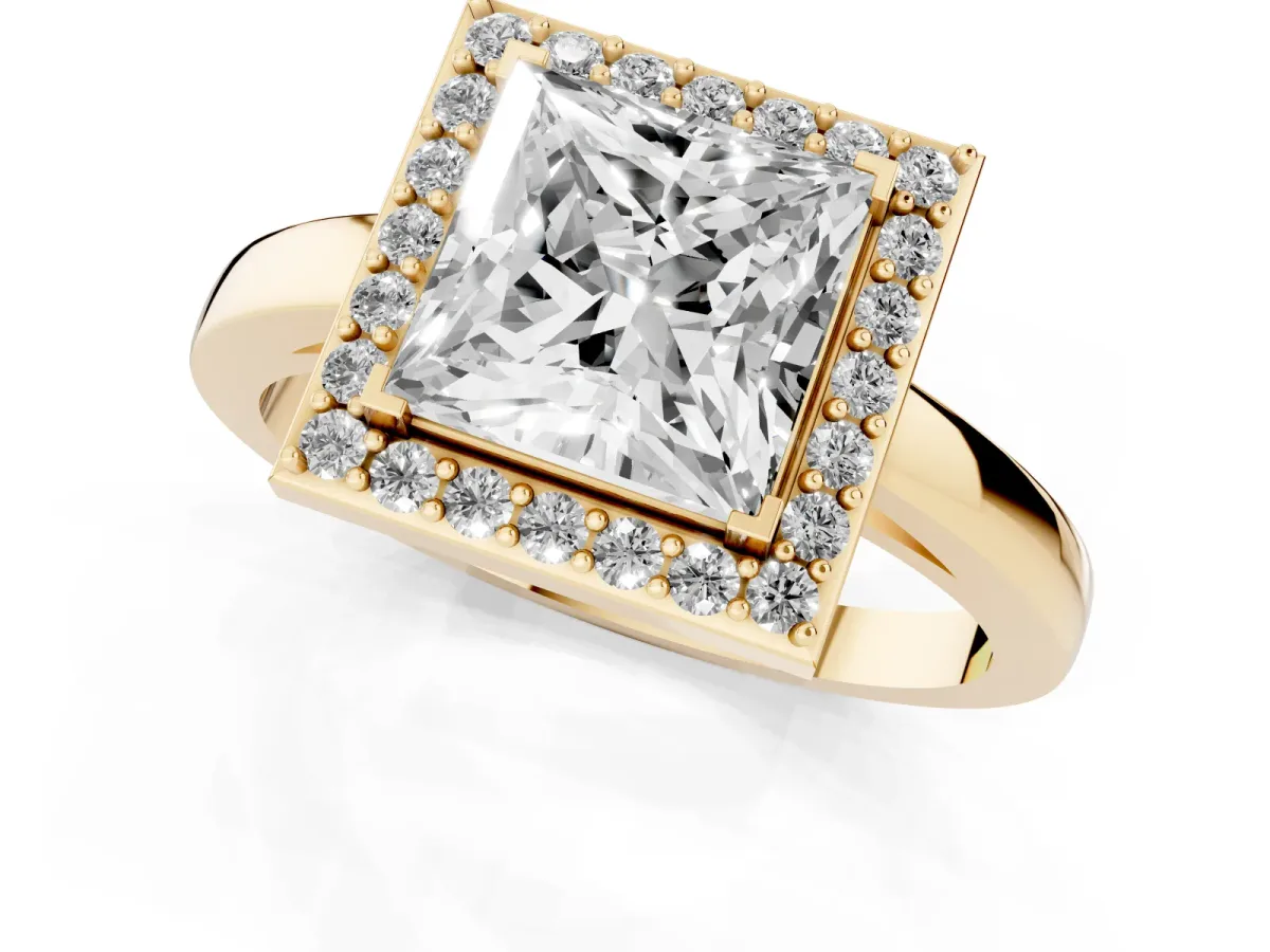 Princess Cut Halo Diamond Ring with Solitaire Band and Prong Setting Yellow gold