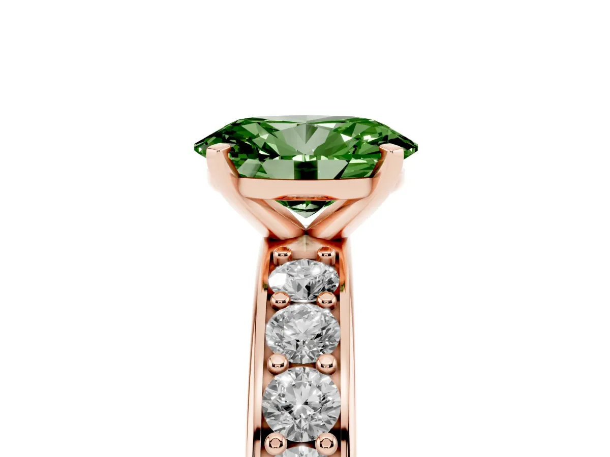 Fancy Green Oval Cut Diamond Engagement Ring with Channel Set Round Band and Prong Setting Rose gold