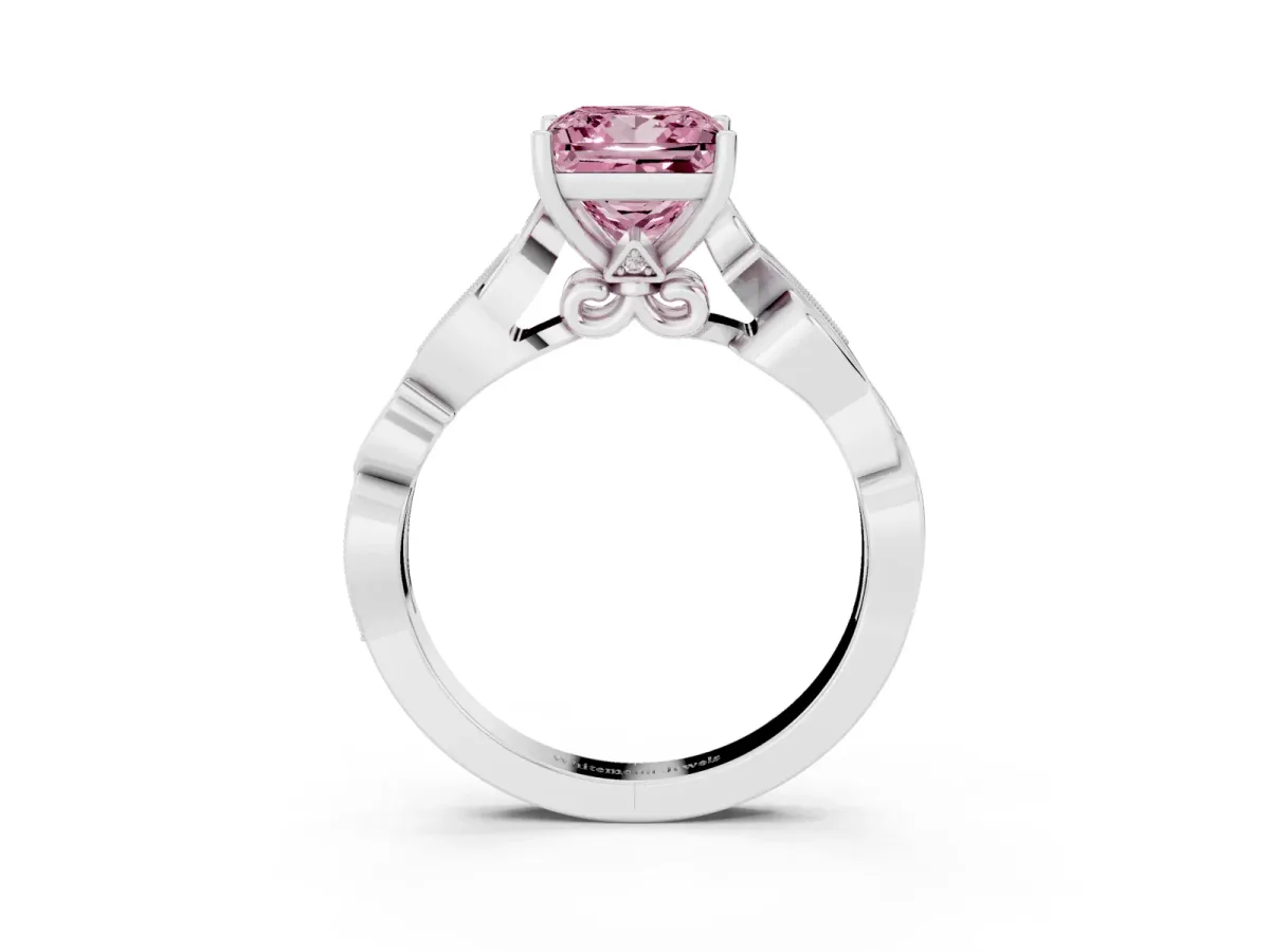Fancy Pink Princess Cut Solitaire Vine Band with Milgrain Prong Setting Silver