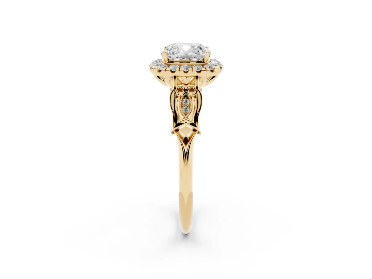 Cushion Cut Halo Diamond Engagement Ring with Filigree Band and Four-Prong Setting Yellow gold