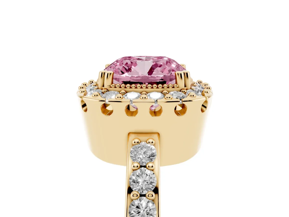 Fancy Pink Cushion Cut Diamond Halo Ring with Pavé Band and Prong Setting Yellow gold