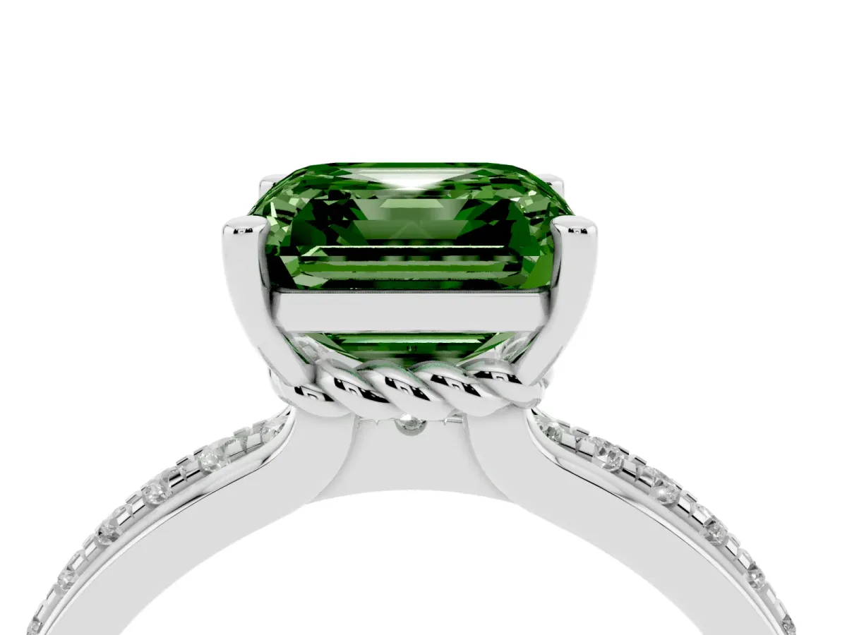Fancy Green Asscher Cut Solitaire Diamond Ring with Channel Set Band and Six-Prong Setting Platinum