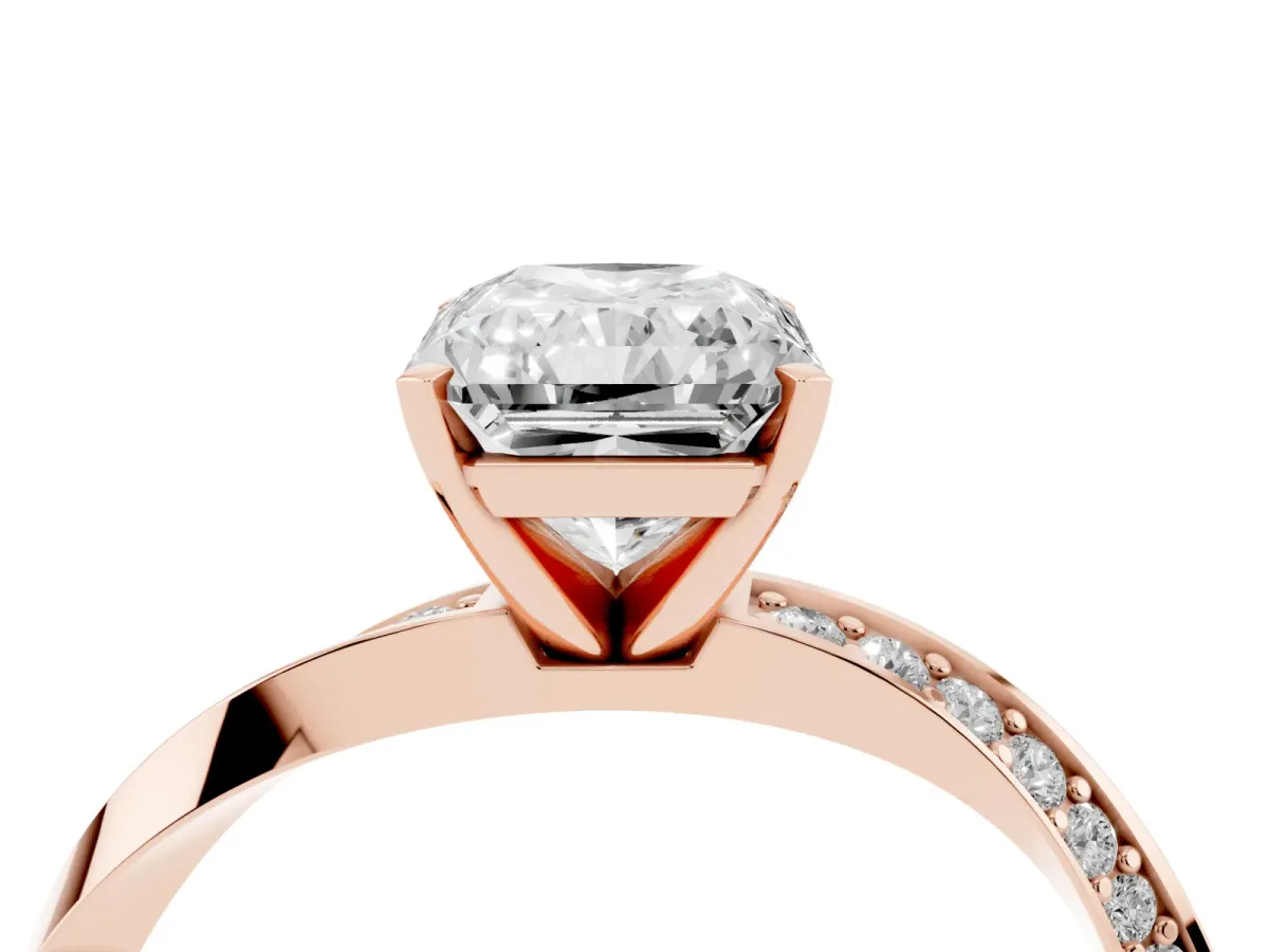 Radiant Cut Diamond Engagement Ring with Side Stone Accents and Four-Prong Setting Rose gold