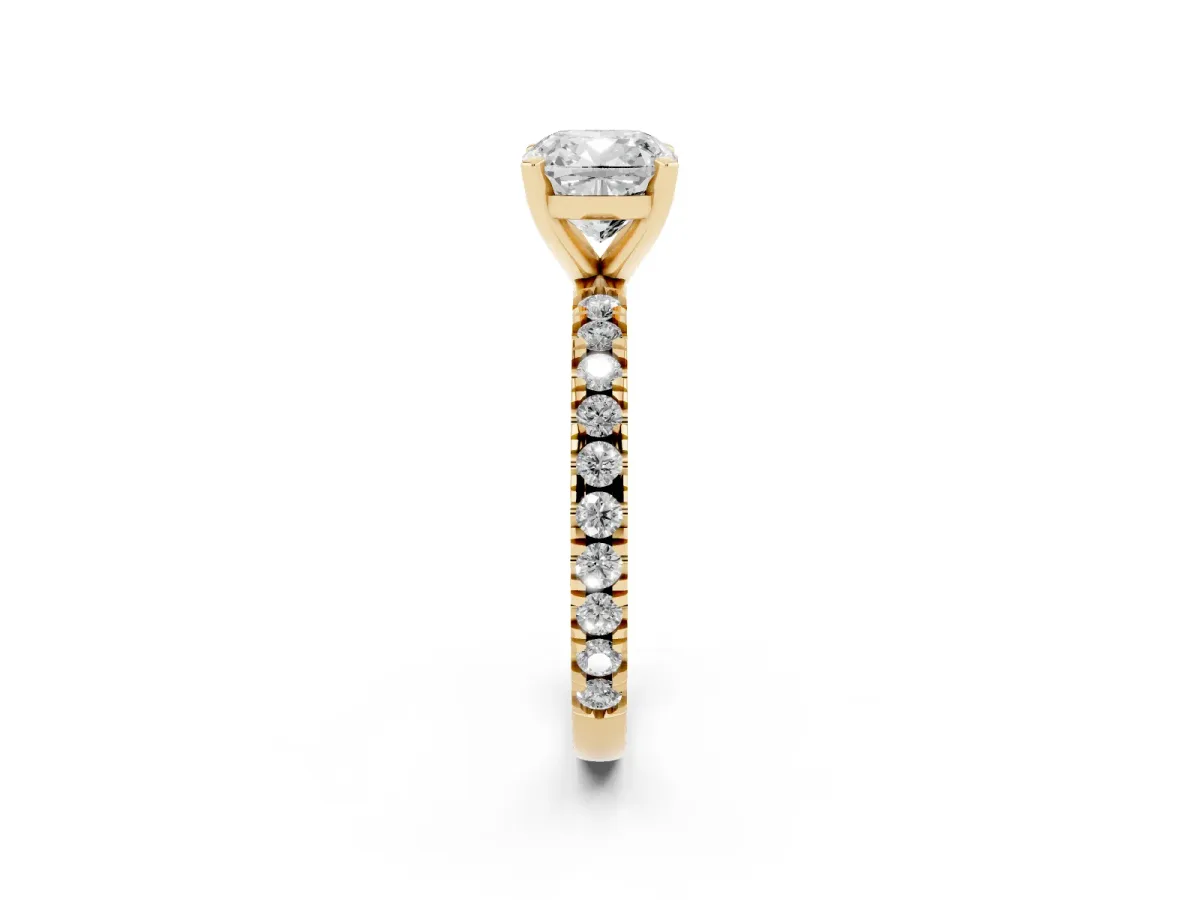 Cushion Cut Diamond Pavé Band Solitaire with Four-Prong Setting Yellow gold