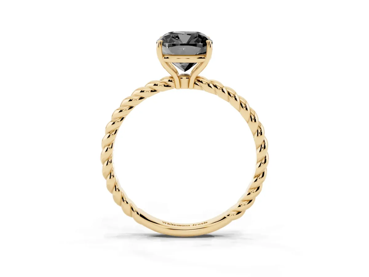 Fancy Black Cushion Cut Solitaire Twisted Band 4-Prong Ring Yellow gold