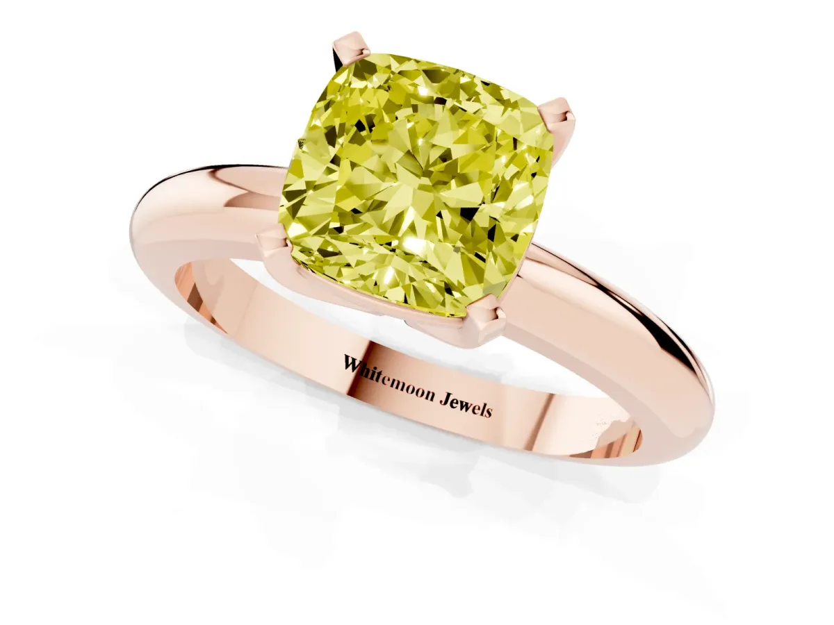 Fancy Yellow Cushion Cut Diamond Solitaire Engagement Ring with Round Band and Four-Prong Setting Rose gold