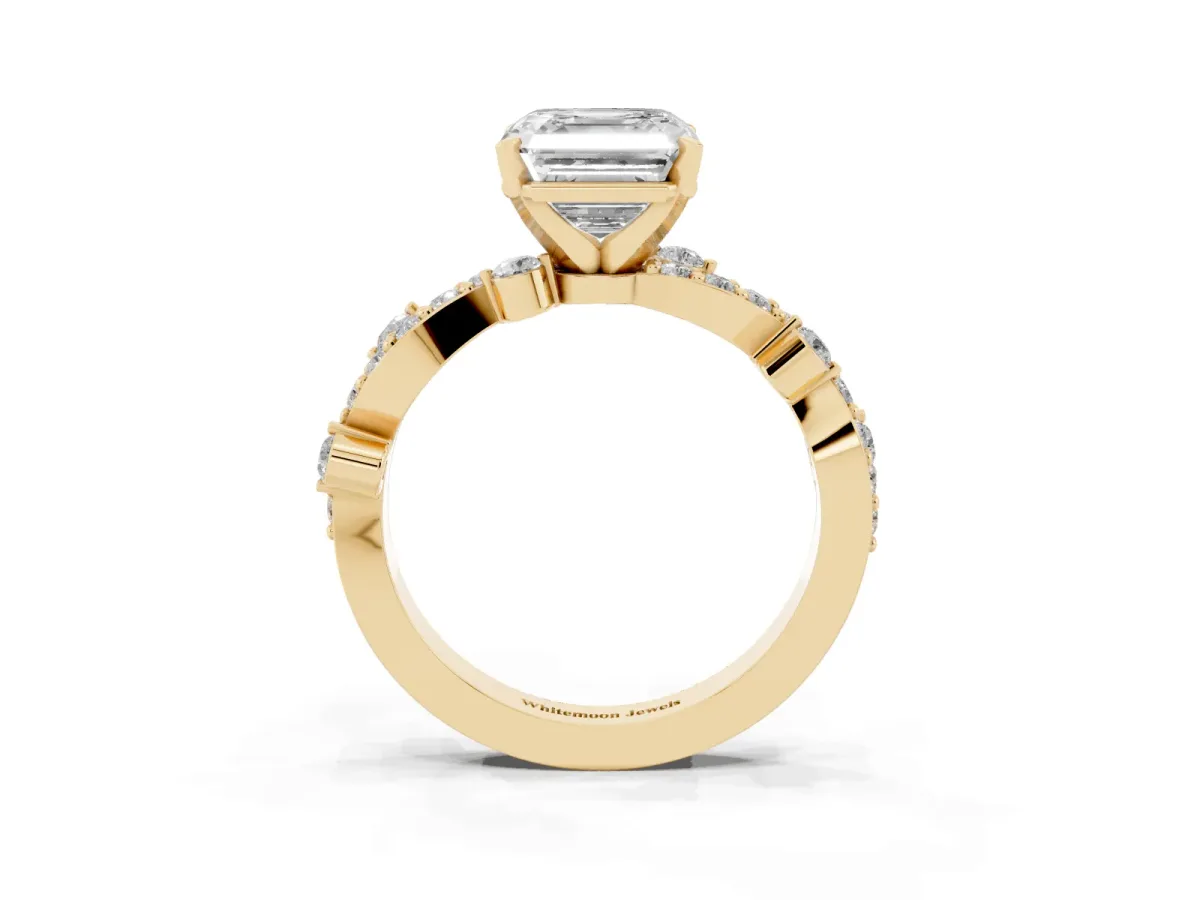 Asscher Cut Cut Solitaire Diamond Twisted Band with Pave Setting Yellow gold