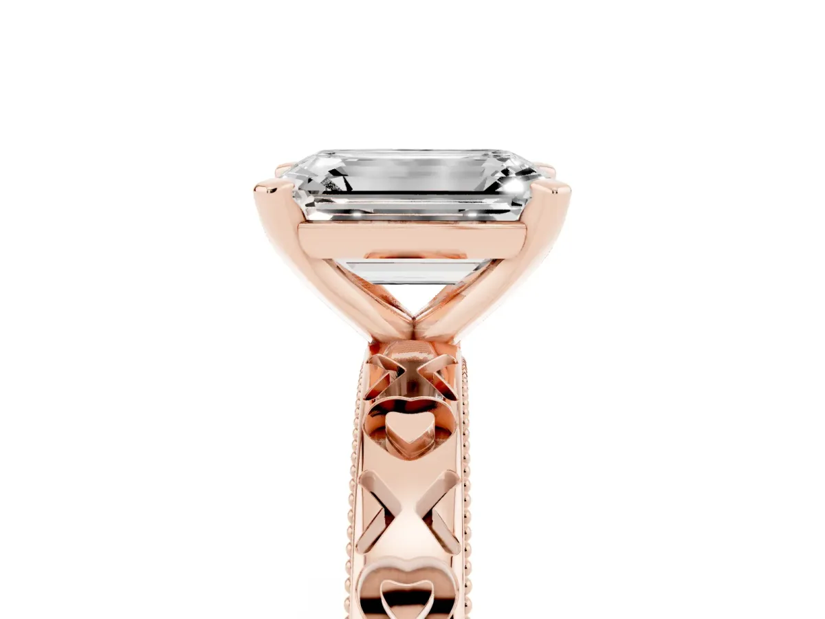Emerald Cut Solitaire Diamond Engagement Ring with XO Engraved Band and Four-Prong Setting Rose gold