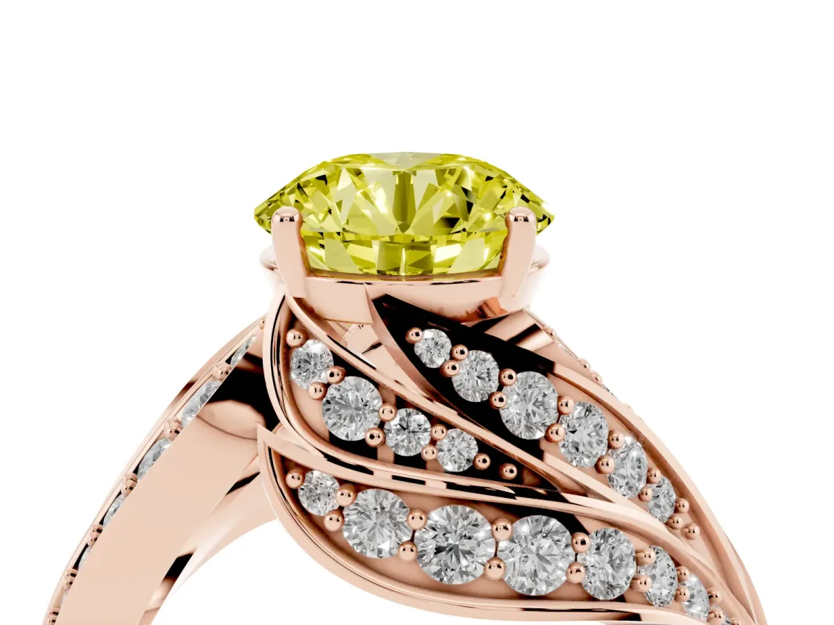 Fancy Yellow Round Cut Diamond Solitaire Ring with Prong Setting and Twisted Pavé Band Rose gold