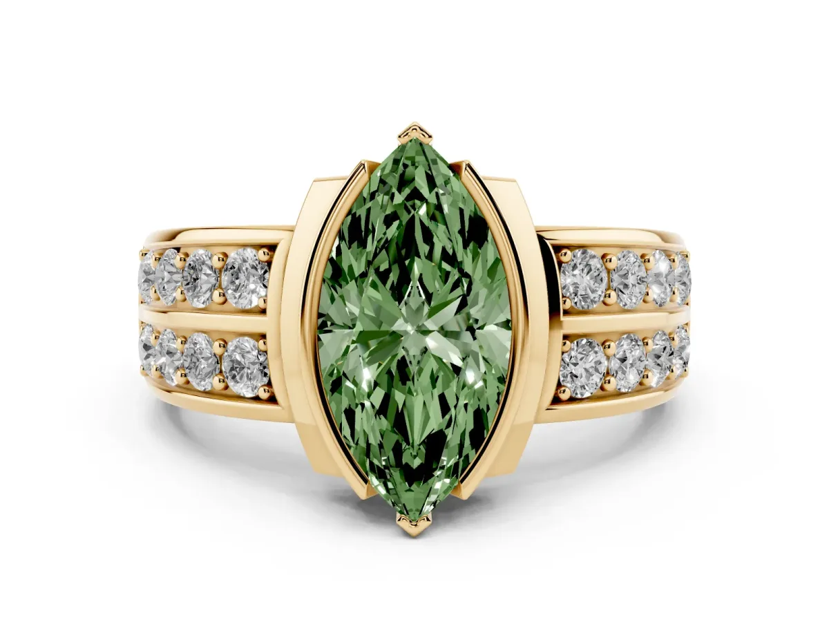 Fancy Green Marquise Cut Brilliant Diamond Channel Set Wide Band Ring with Bezel Setting Yellow gold