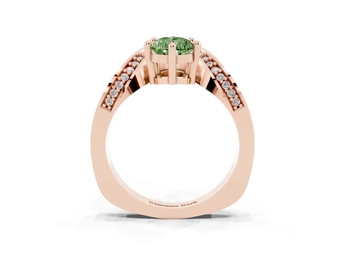 Fancy Green Pear Cut Solitaire Diamond Engagement Ring with Pave Band and Four-Prong Setting Rose gold