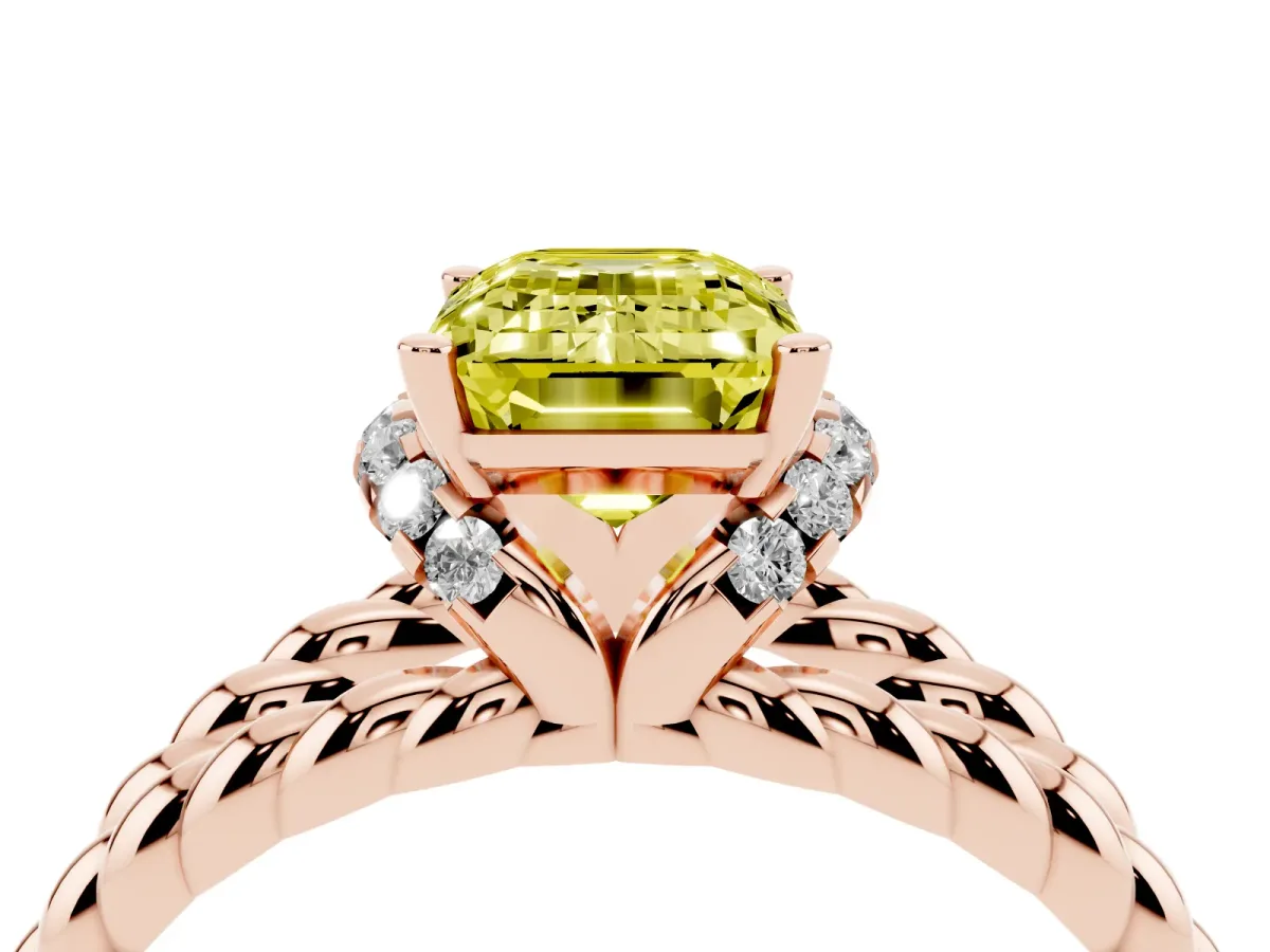 Fancy Yellow Emerald Cut Halo Twisted Band Four-Prong Ring Rose gold
