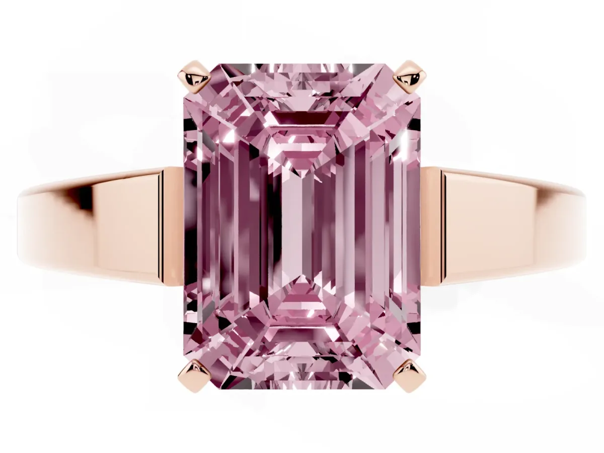Fancy Pink Emerald Cut Solitaire Engagement Ring with Four-Prong Setting and Tapered Band Rose gold