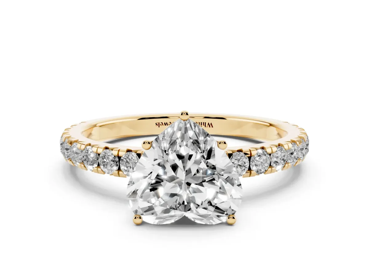Heart Cut Diamond Pavé Solitaire Engagement Ring with Four-Prong Setting Yellow gold