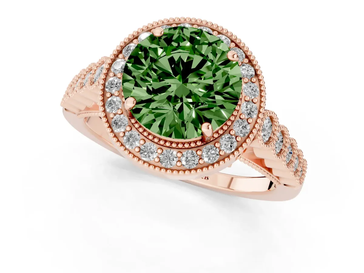 Fancy Green Round Cut Halo Milgrain Solitaire with Bezel Set Side Stones and Pave Band Rose gold