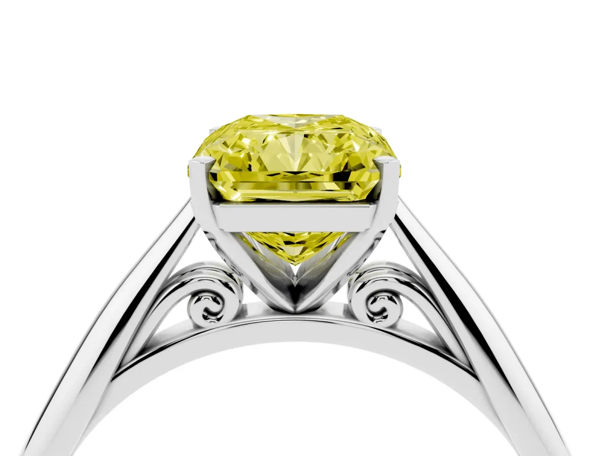 Fancy Yellow Radiant Cut Diamond Solitaire Engagement Ring with Cathedral Setting and Four-Prong Mount Silver