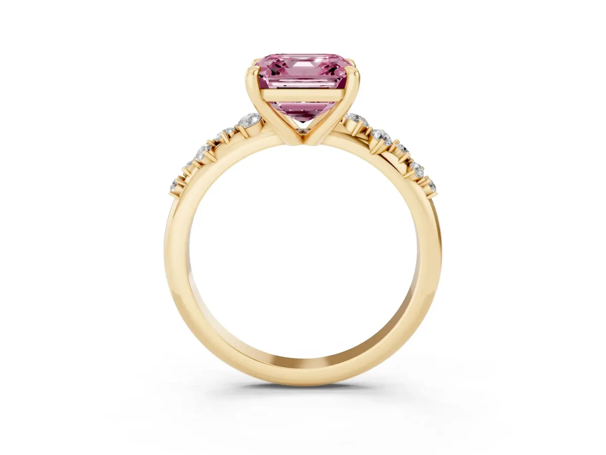 Fancy Pink Asscher Cut Cut Diamond Vine Band with Four-Prong Setting Yellow gold