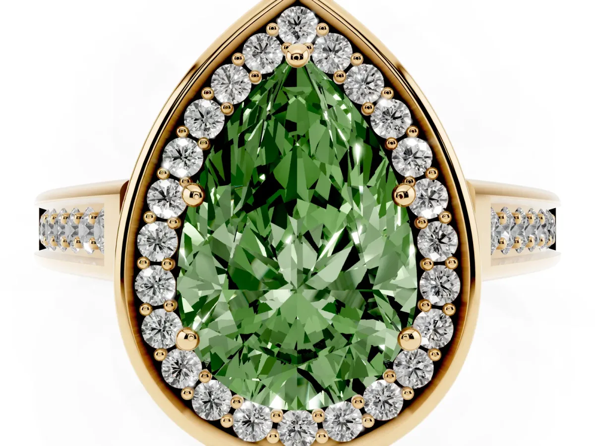 Fancy Green Pear Cut Halo Solitaire Diamond Ring with Pave Band and Bezel Setting Yellow gold