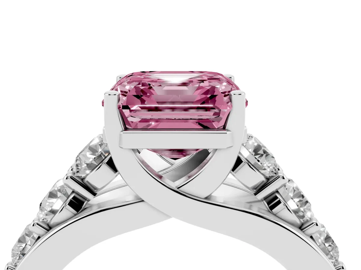 Fancy Pink Asscher Cut Diamond Engagement Ring with Pavé Band and Four-Prong Setting Silver