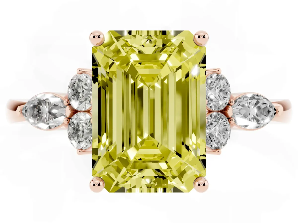 Fancy Yellow Emerald Cut Brilliant Diamond Solitaire Ring with Pear Side Stones and Four-Prong Setting Rose gold
