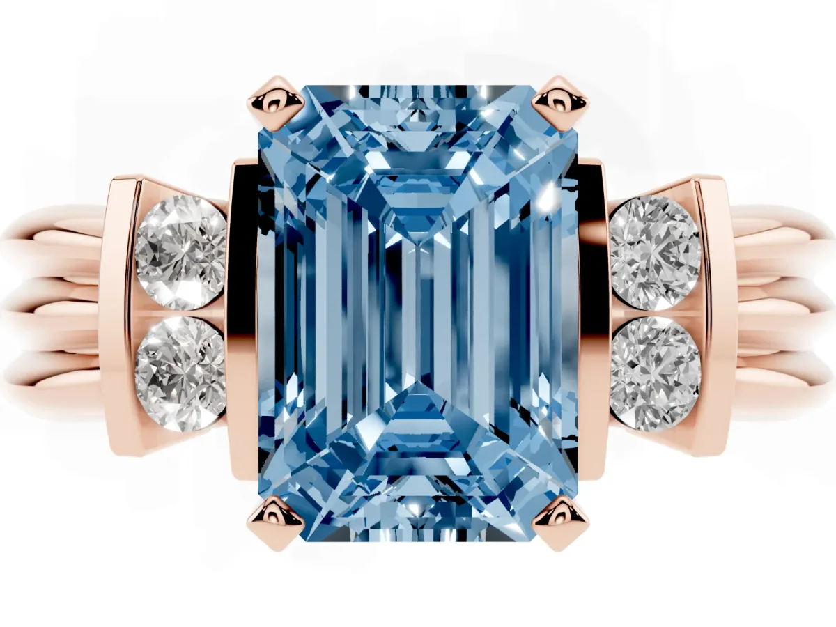 Fancy Blue Emerald Cut Cut Three-Stone Channel Set Ring with Bar Prongs Rose gold