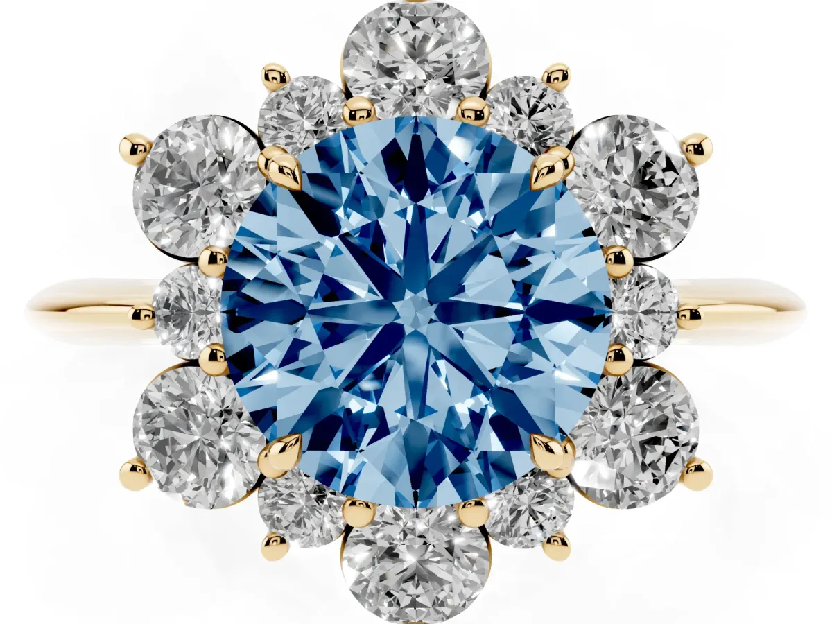 Fancy Blue Round Cut Diamond Cluster Halo Ring with Solitaire Band and Four-Prong Setting Yellow gold