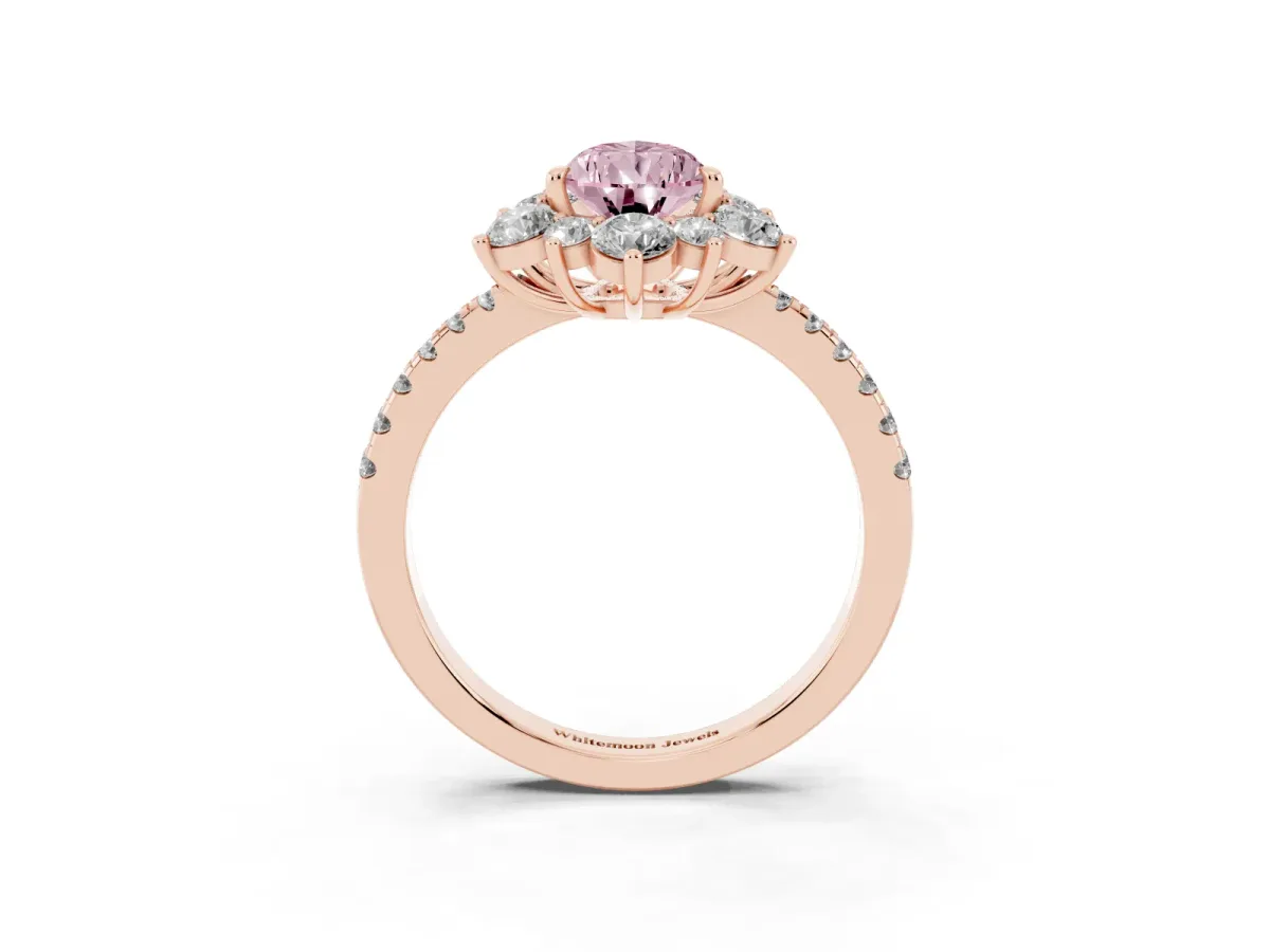 Fancy Pink Pear Cut Diamond Floral Halo Ring with Round Pavé Band and Prong Setting Rose gold