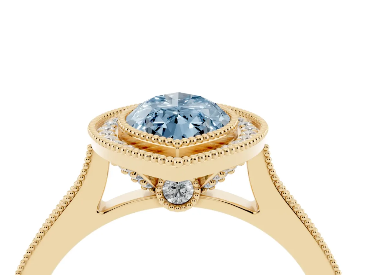 Fancy Blue Halo Marquise Cut-Cut Diamond Pave Band Milgrain Prong Setting Ring Yellow gold