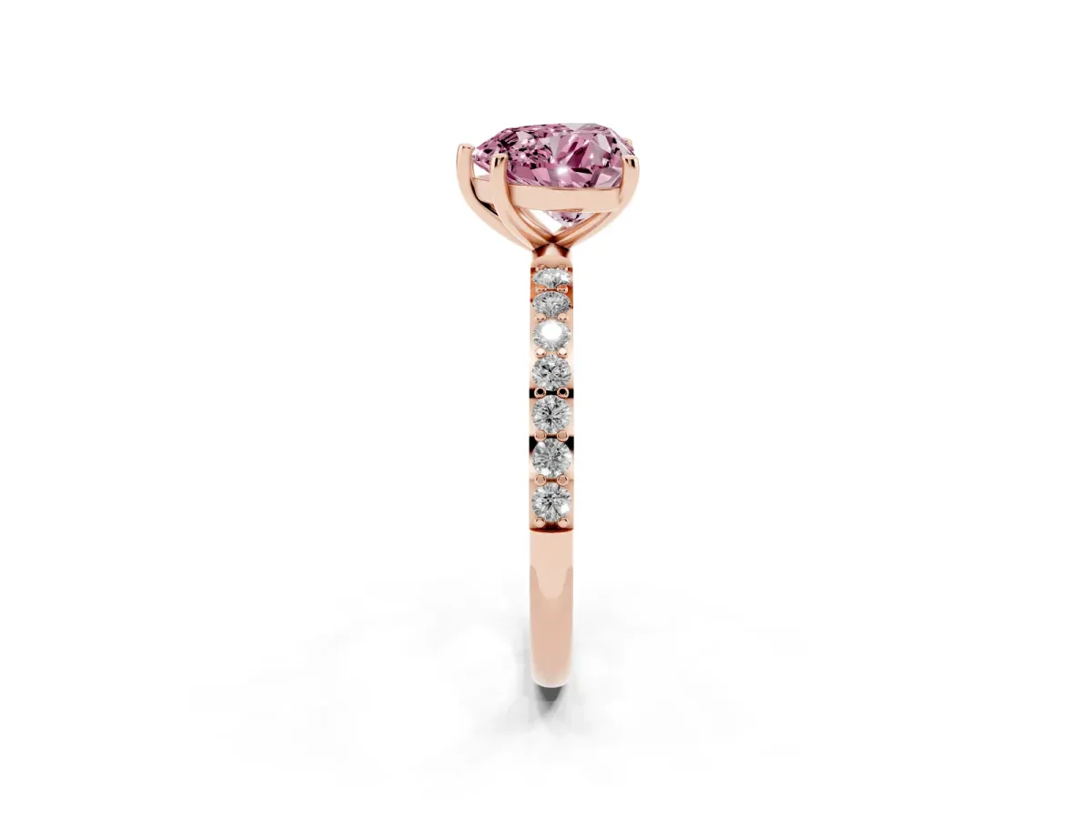 Fancy Pink Heart Cut Diamond Solitaire Ring with Round Pavé Shoulders and Prong Setting Rose gold