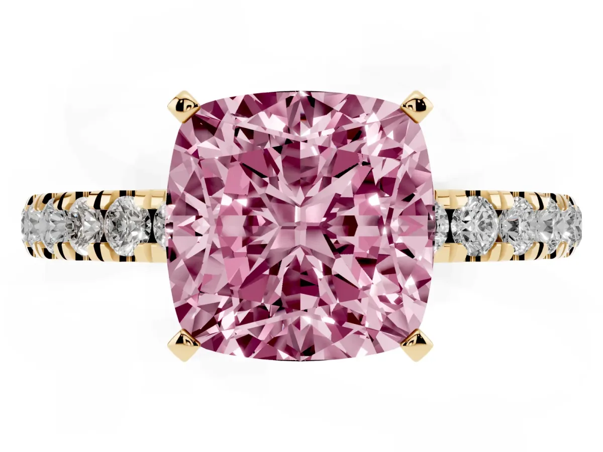 Fancy Pink Cushion Cut Diamond Solitaire Ring with Pavé Accents and Four-Prong Setting Yellow gold