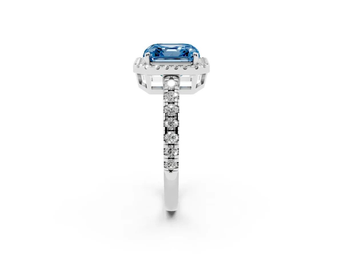 Fancy Blue Asscher Cut Diamond Halo Ring with Pavé Band and Four-Prong Setting Platinum