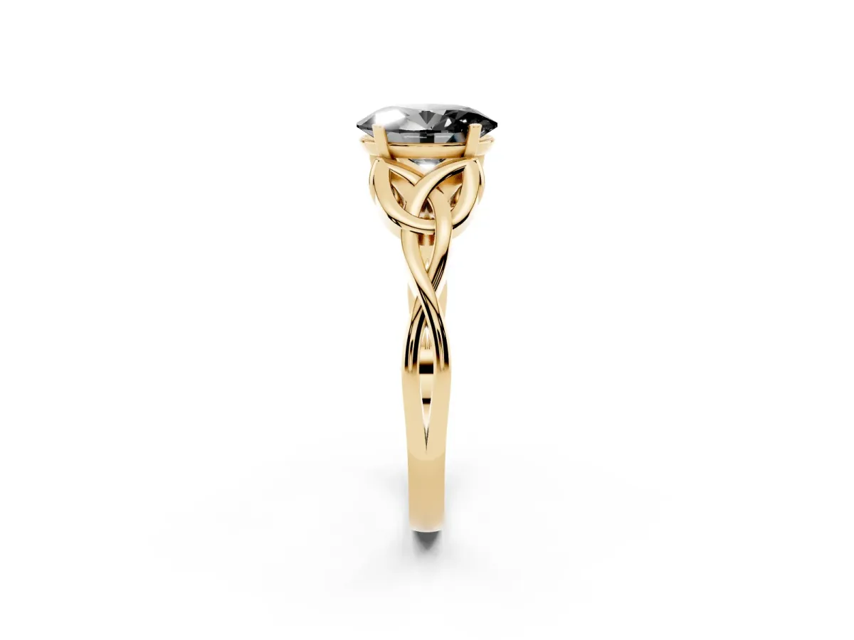 Fancy Black Oval Cut Diamond Solitaire Engagement Ring with Celtic Knot Band and Four-Prong Setting Yellow gold