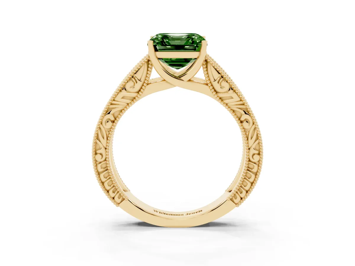 Fancy Green Asscher Cut Diamond Solitaire Ring with Engraved Band and Four-Prong Setting Yellow gold