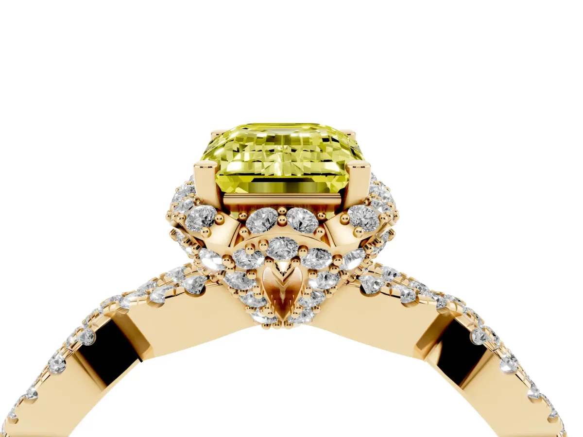 Fancy Yellow Emerald Cut Halo Twist Band Solitaire Ring with Six-Prong Setting Yellow gold