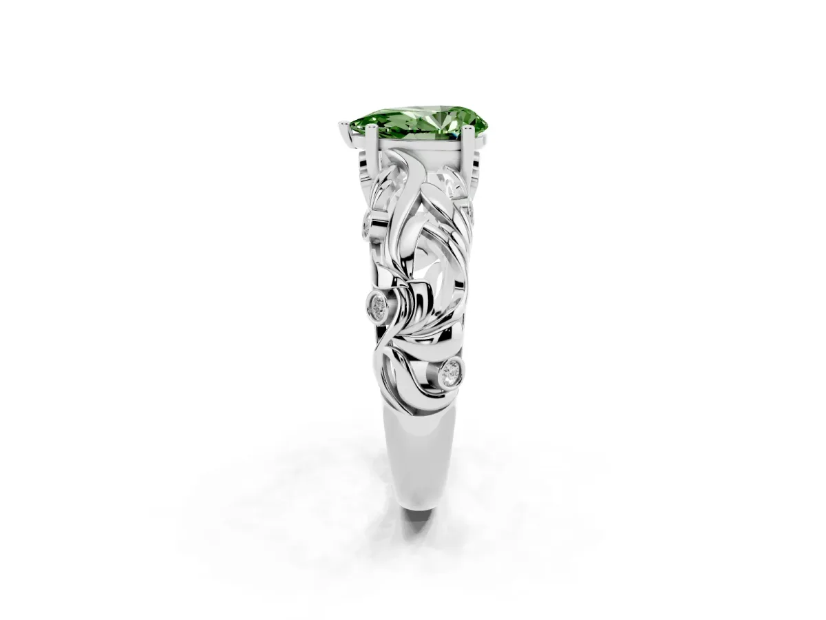 Fancy Green Pear Cut Solitaire Diamond Leaf-Inspired Vine Band Ring with Prong Setting Silver