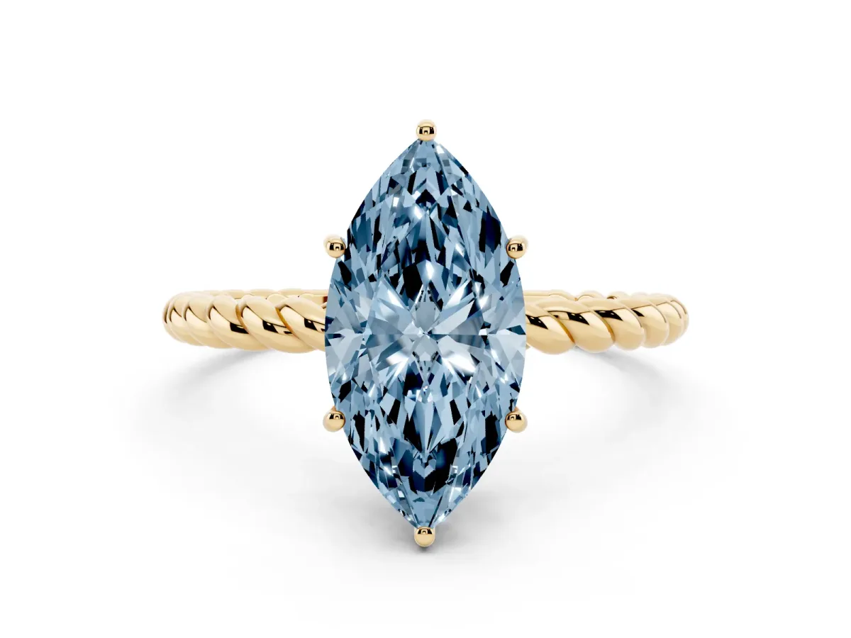 Fancy Blue Marquise Cut Solitaire Twist Band Ring with Four-Prong Setting Yellow gold