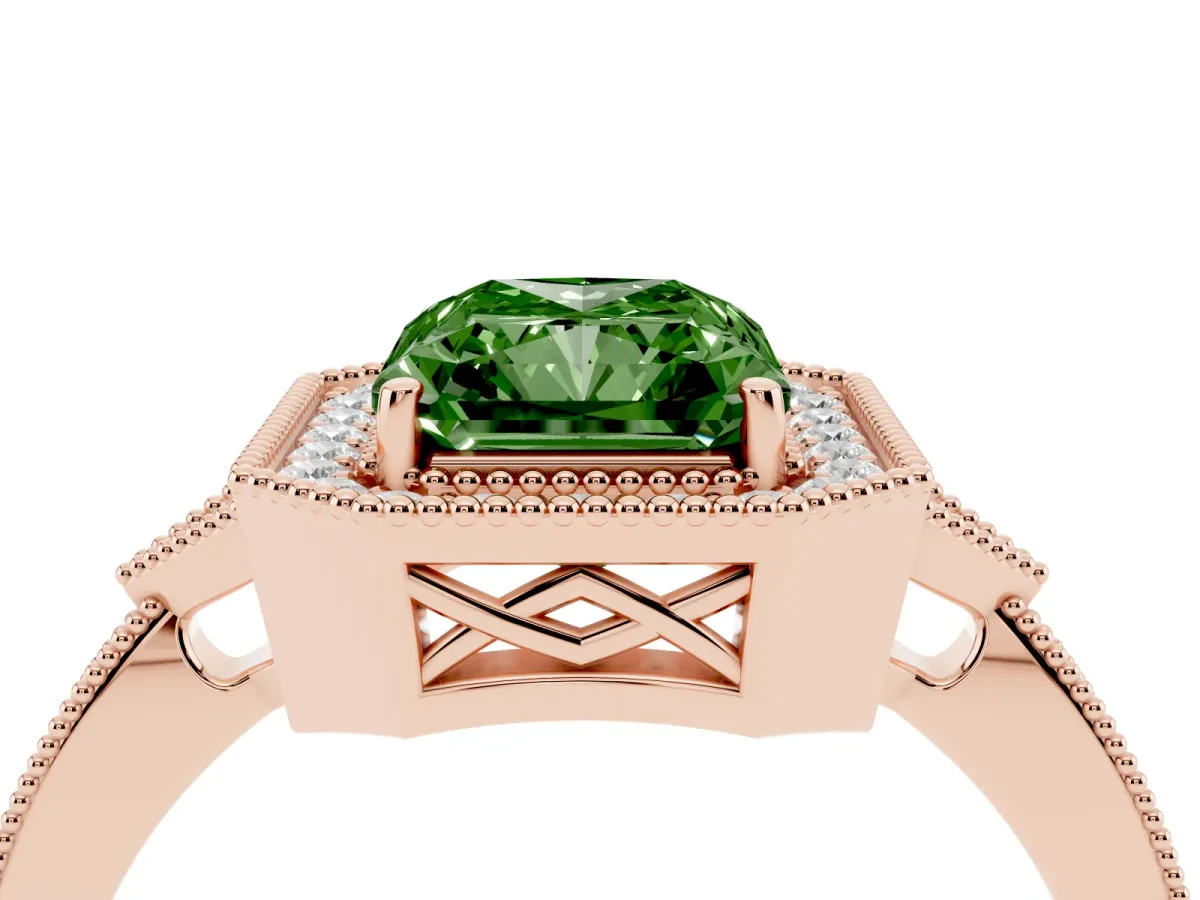 Fancy Green Radiant Cut Halo Round Diamond Milgrain Pave Engagement Ring Rose gold