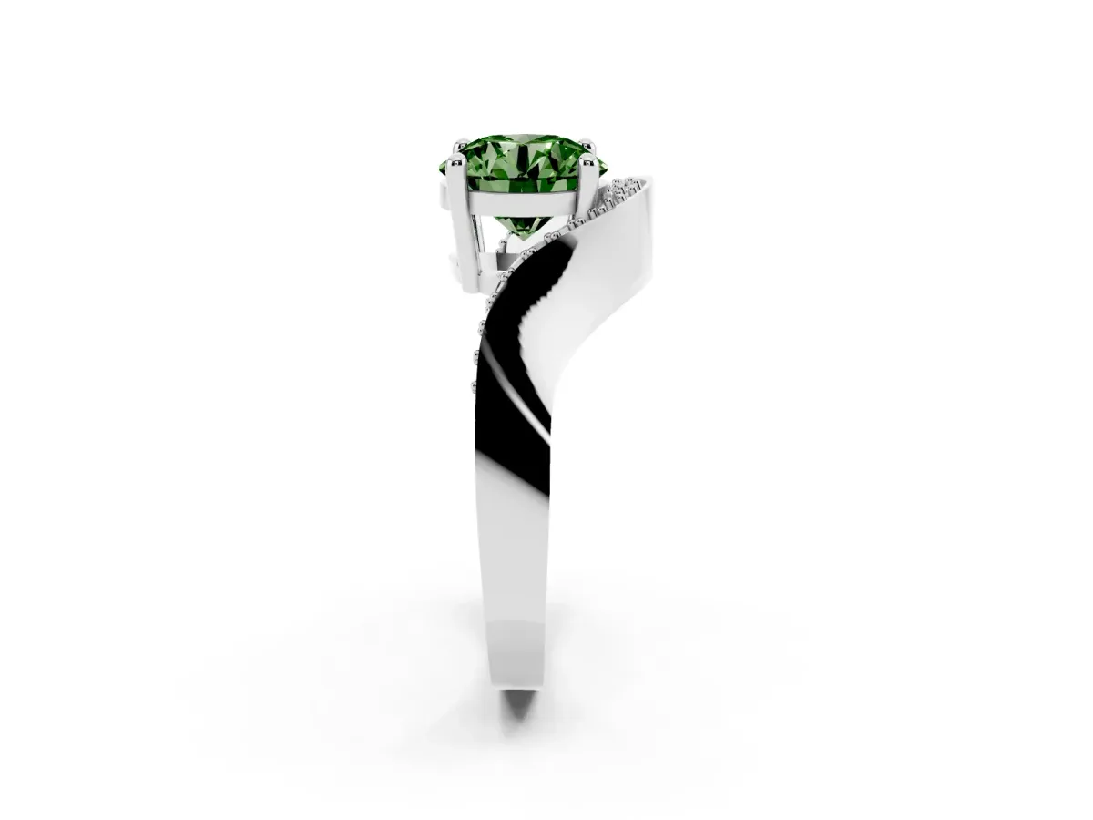 Fancy Green Round Cut Solitaire Diamond Engagement Ring with Pave Band and Four-Prong Setting White gold
