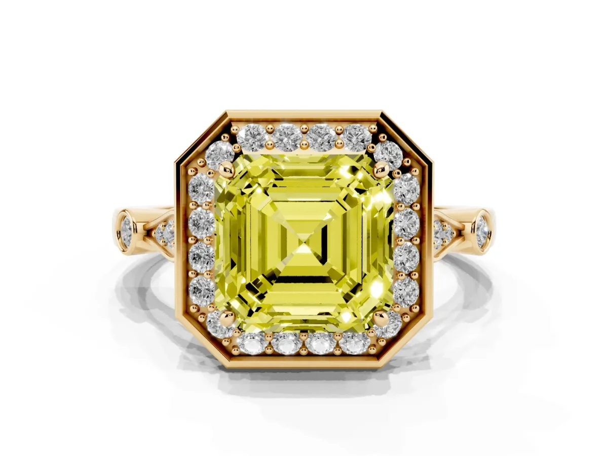 Fancy Yellow Asscher Cut Halo Diamond Engagement Ring with Twisted Band and Four-Prong Setting Yellow gold