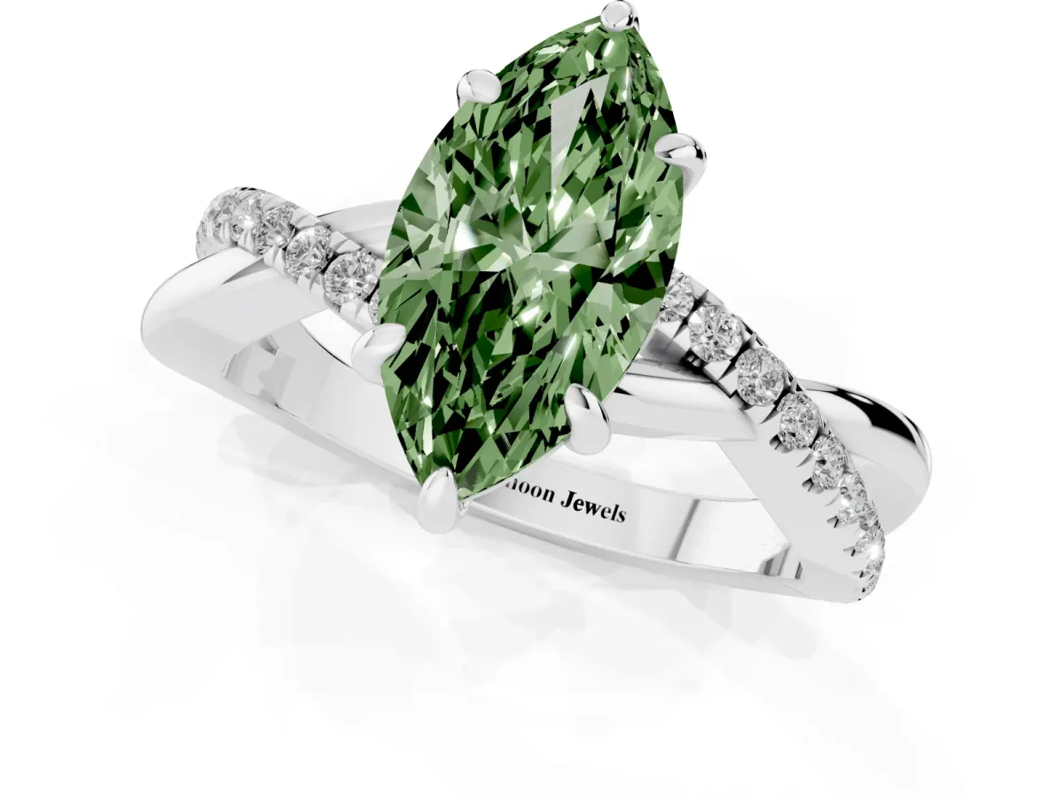 Fancy Green Marquise Cut Cut Diamond Twist Band Solitaire with Prong Setting Silver