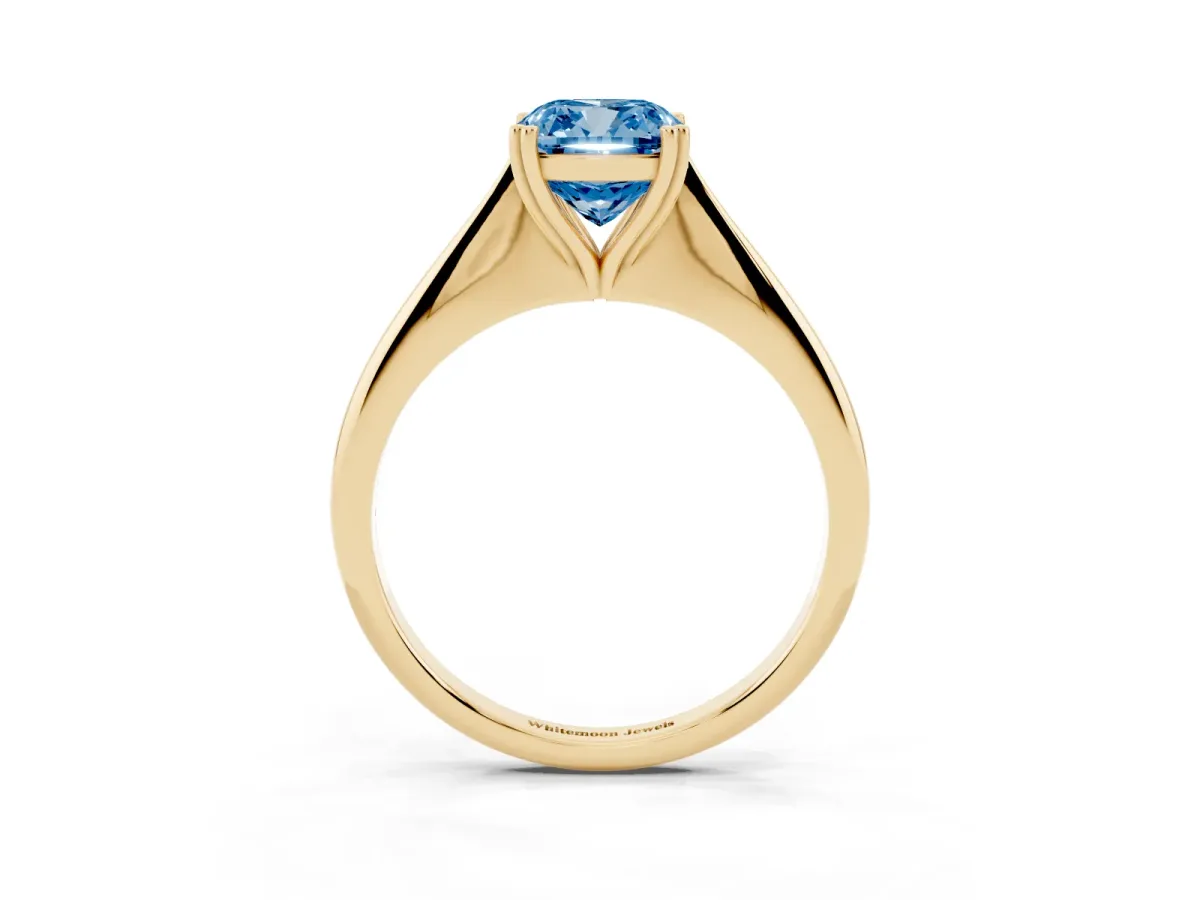 Fancy Blue Cushion Cut Solitaire Diamond Ring with Six-Prong Setting and Classic Band Yellow gold