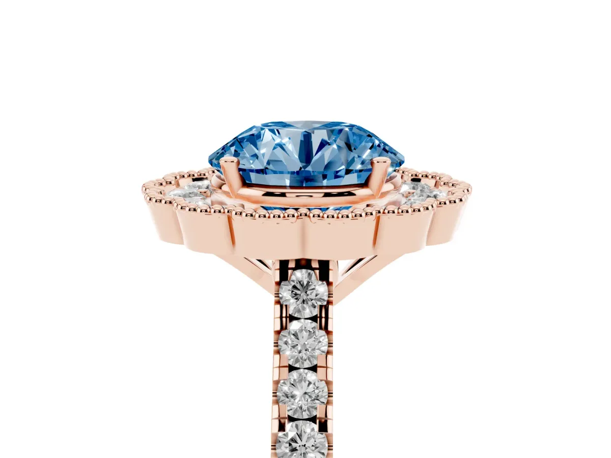 Fancy Blue Round Cut Cut Diamond Milgrain Floral Halo Engagement Ring with Pavé Band Rose gold